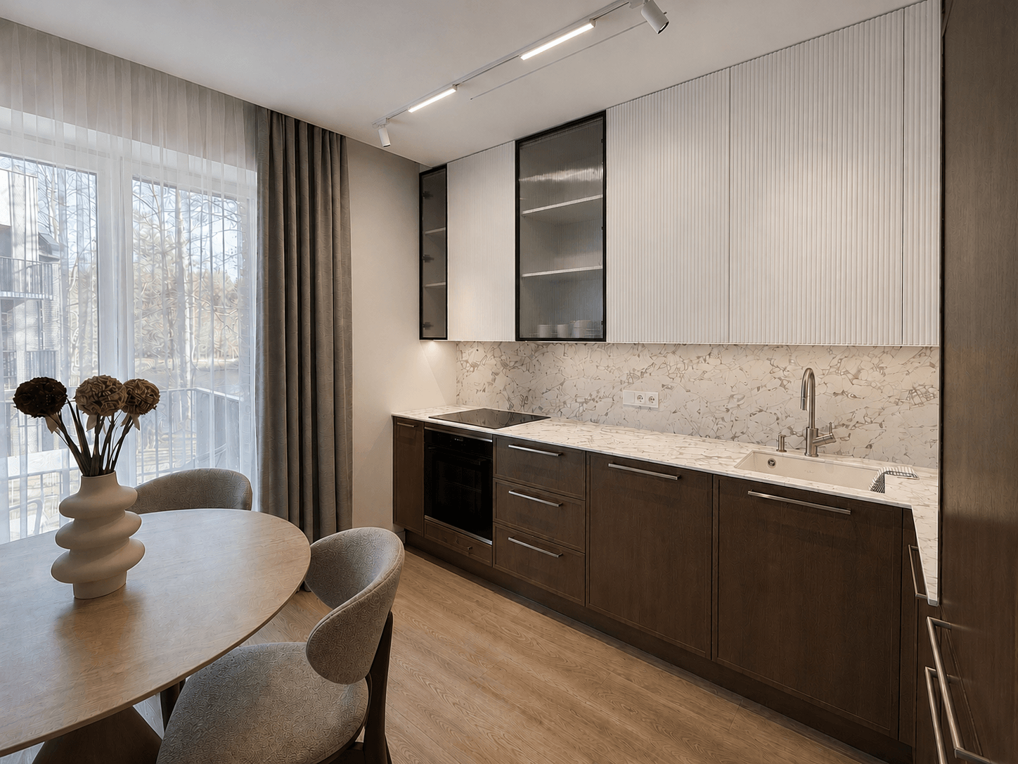 Jauki virtuvės zona moderniuose apartamentuose
